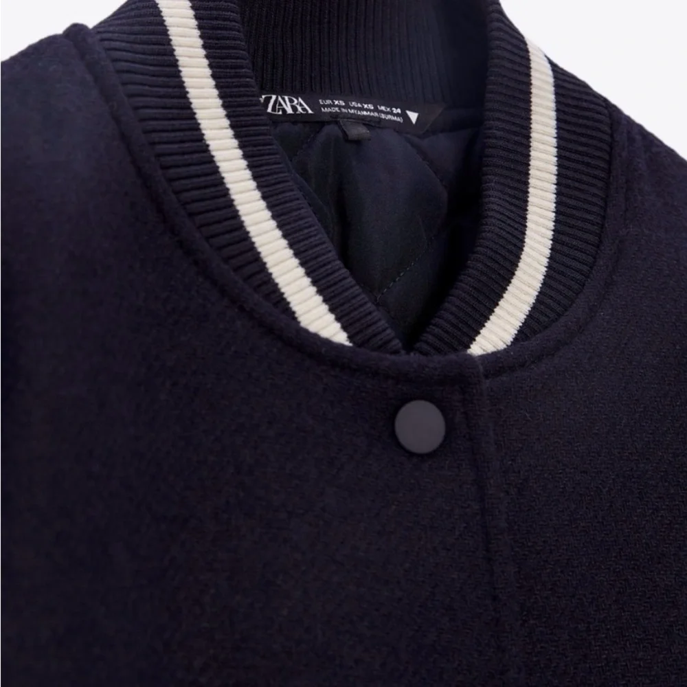 Zara Dark Blue Bomber Jacket with White Details - Picture 7 of 9